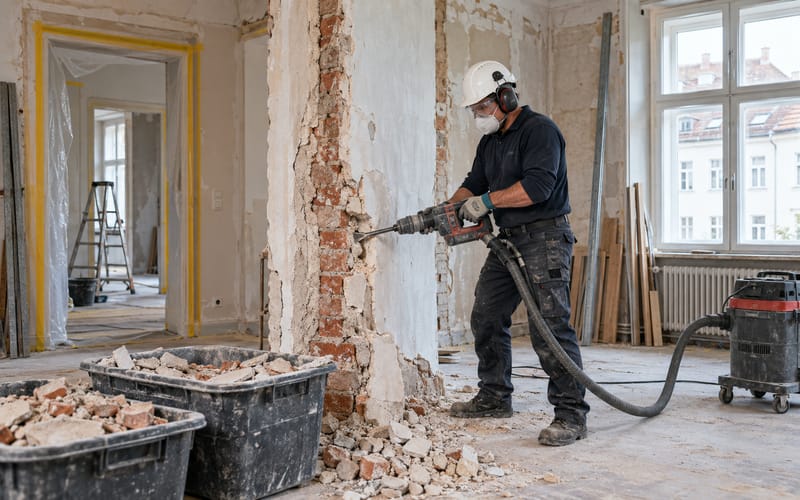 Rückbau einer Innenwand mit Meißelhammer in einer Altbauwohnung in Stuttgart