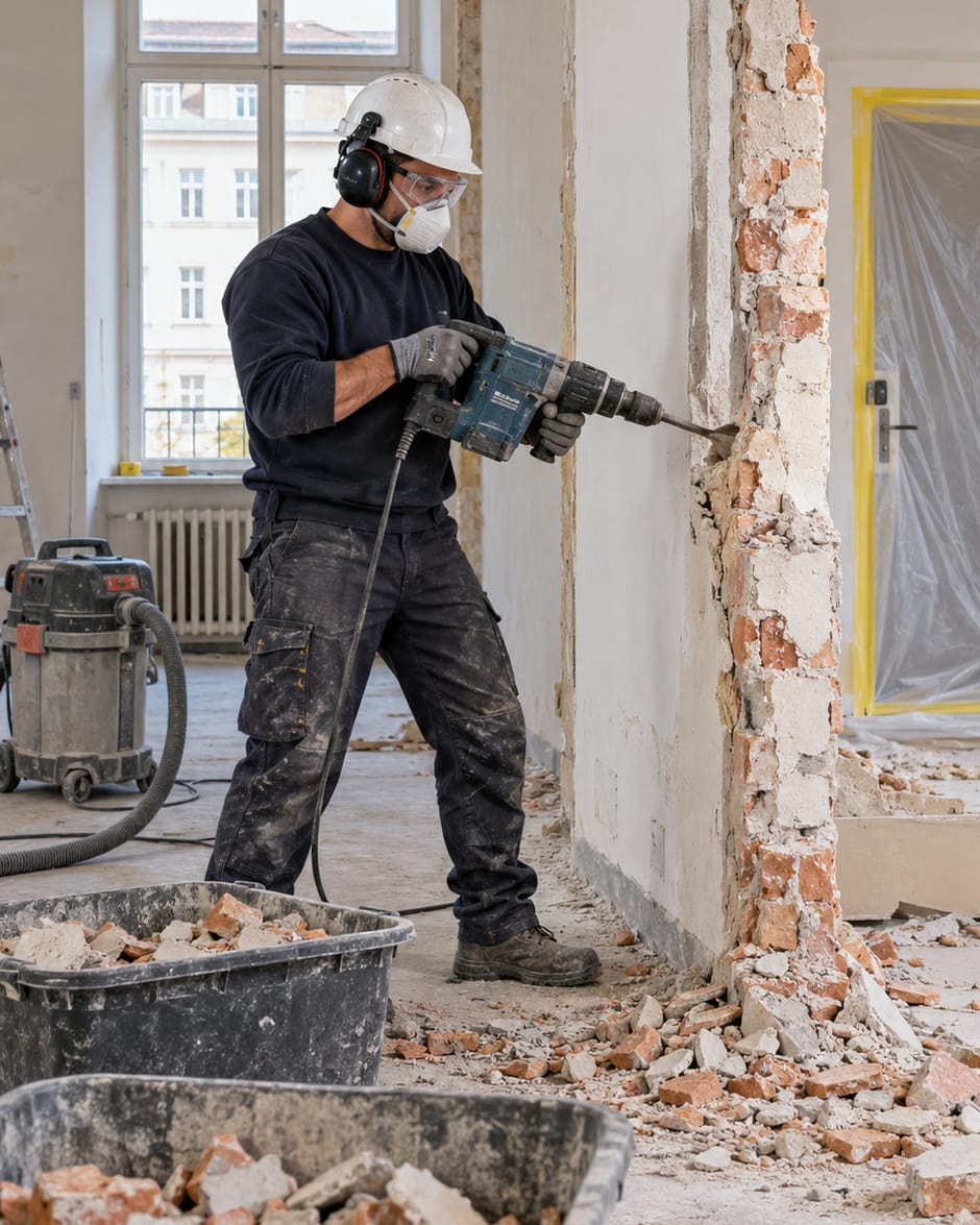 Mitarbeiter von Alan Reinigung beim Abbruch einer Ziegelwand mit Schutzhelm und Staubmaske