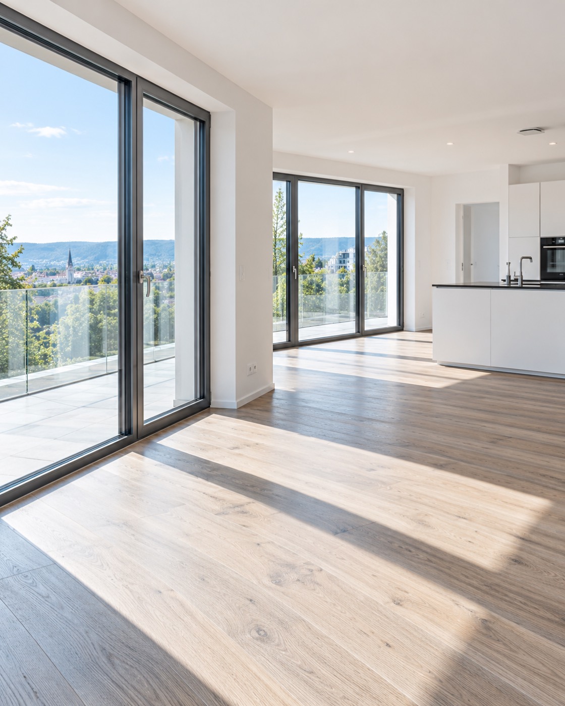 Neubauwohnung nach der Bauendreinigung: streifenfreie Fenster, sauberer Estrich, helles Licht