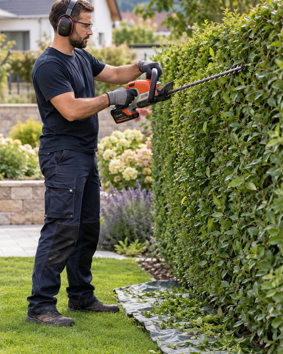 Gärtner von Alan Reinigung schneidet eine Hecke neben frisch gemähtem Rasen