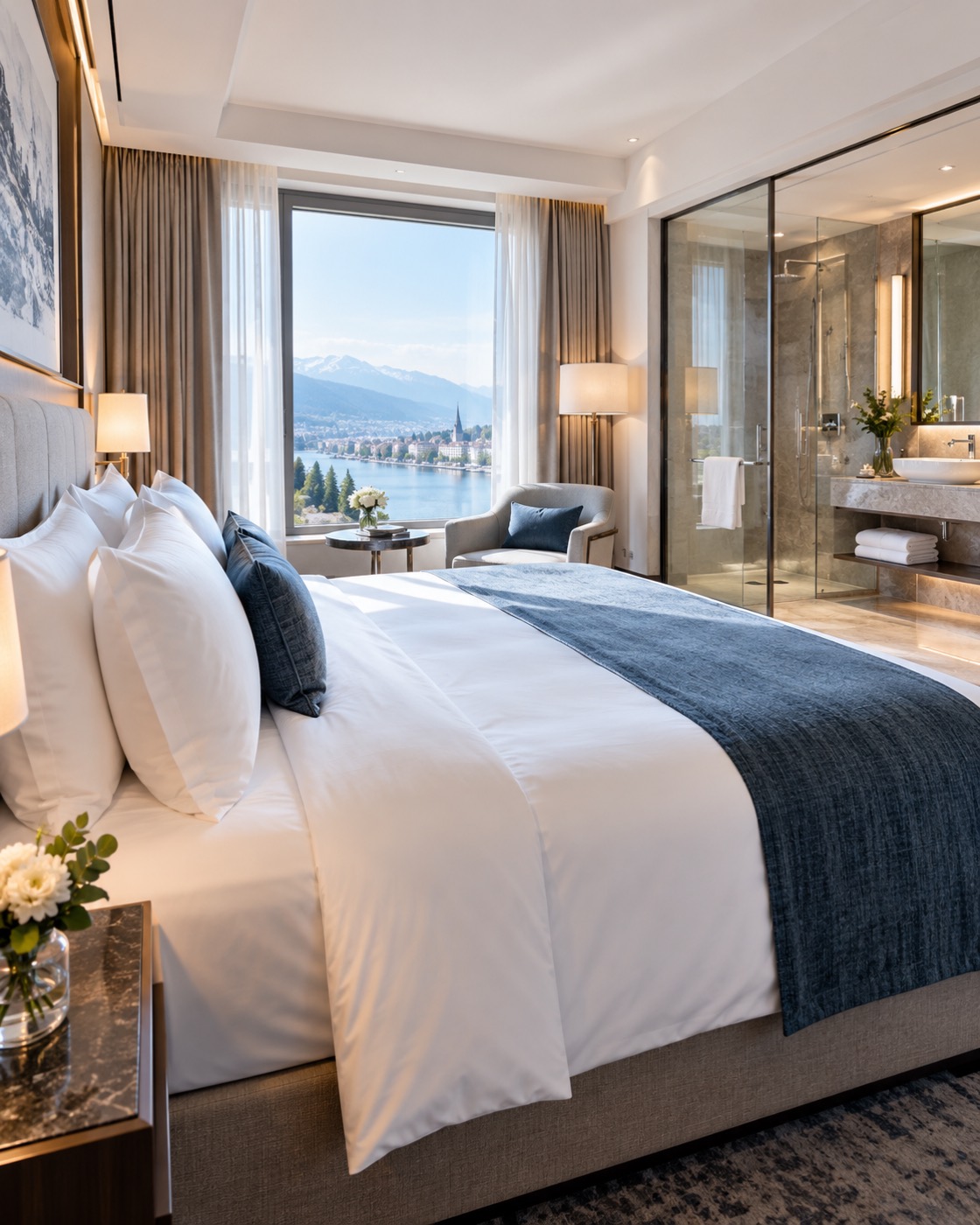 Hotelzimmer nach der Reinigung: frisch bezogenes Bett, aufgeräumtes Bad, Blick aus dem Fenster