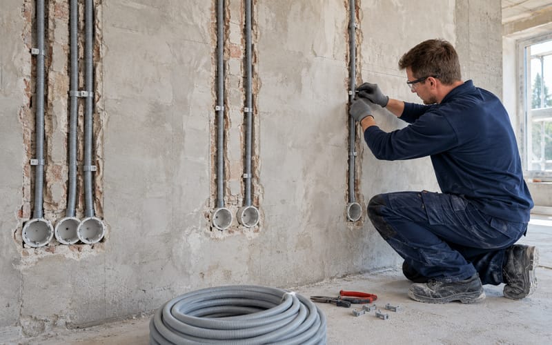 Leerrohre und Kabel an einer Rohbauwand in einem Neubau in Stuttgart