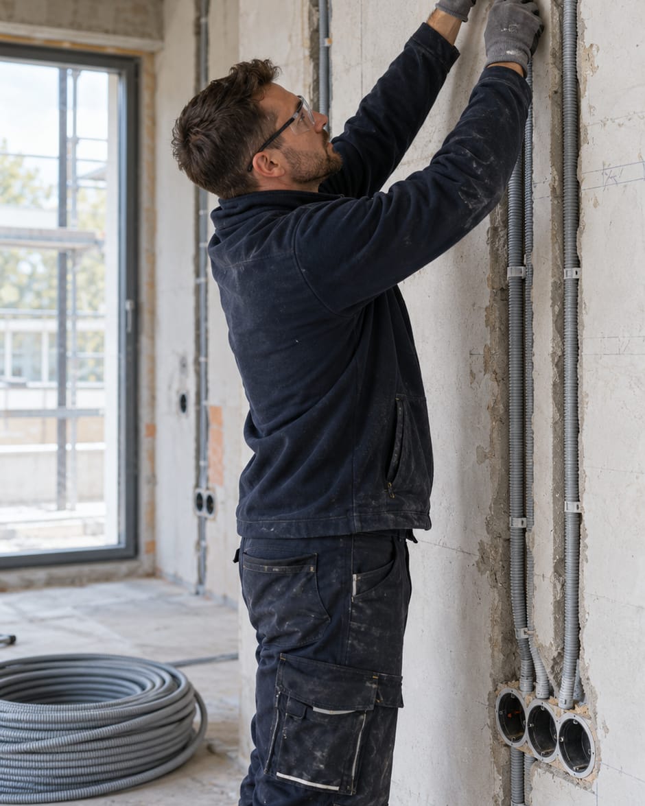 Elektroinstallateur befestigt Leerrohre für die Kabelverlegung an einer Rohbauwand