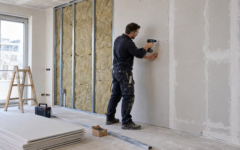 Montage einer Trockenbauwand mit Metallständerwerk und Dämmung in einer Stuttgarter Wohnung