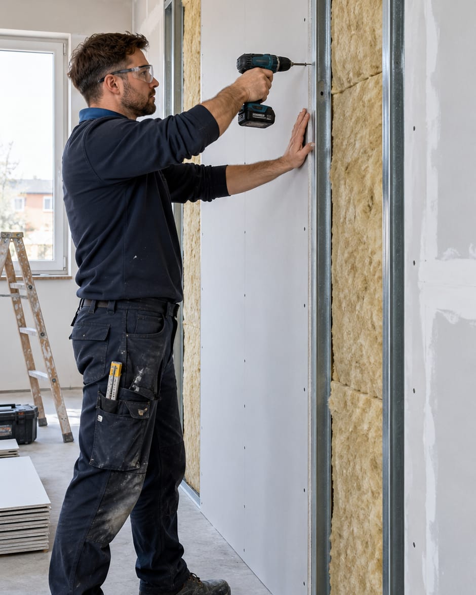 Handwerker verschraubt Gipskartonplatten an einer neu gestellten Trockenbauwand